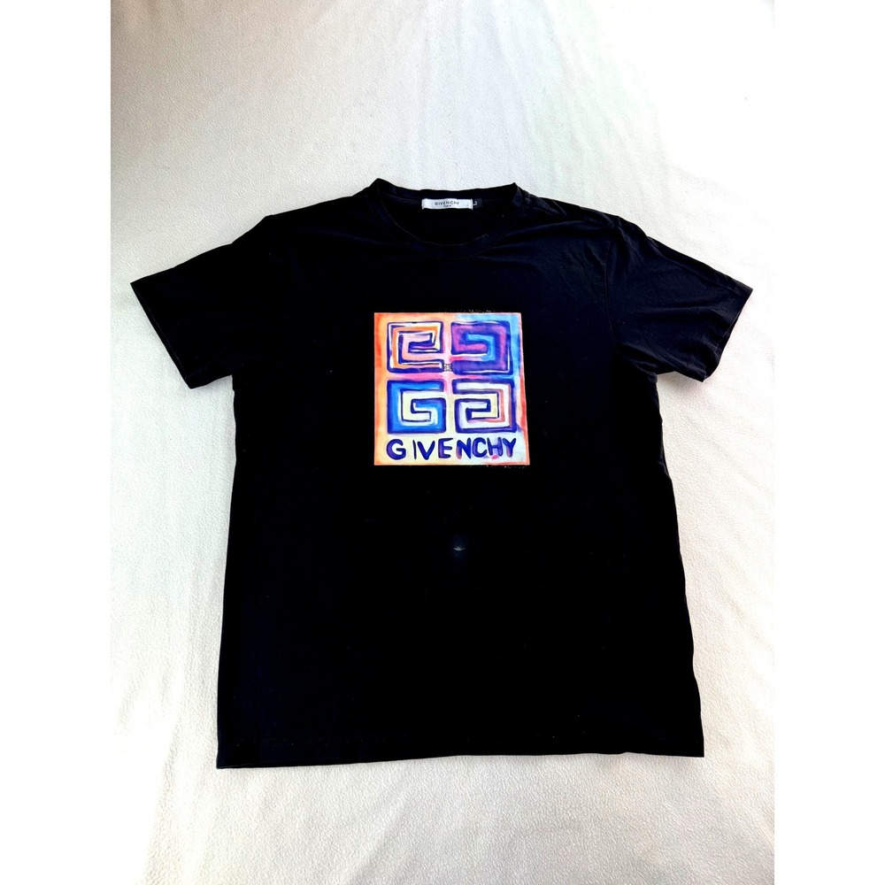 Givenchy Black T Shirt Multicolor Graphic Print Crew Neck‎ Mens Size L *STAIN*